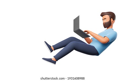 Flying or falling cartoon character man work with laptop isolated over white background. Freelance and online work concept. 3d render illustration.
