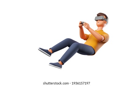 Flying Or Falling Cartoon Character Man With Virtual Reality Headset And Gamepad Isolated Over White Background. 3d Render Illustration.