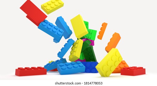 Flying And Falling, Scattered Colored Blocks Of Child Constructor On White Background 3d Rendering Illustration