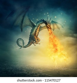 Flying fantasy dragon at night