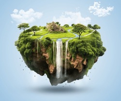Flying Fantasy Island With Green Environment, Trees Mountains, Waterfall And Clouds. Floating Forest Land With Beautiful Landscape. Vector Illustration