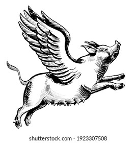 Flying Female Pig. Ink Black And White Drawing