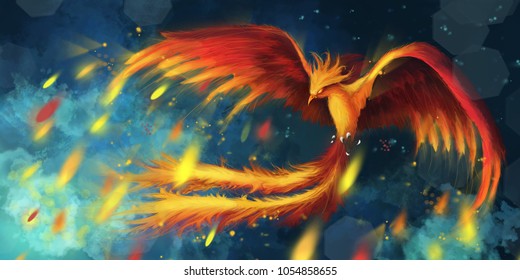 Flying fire Phoenix with sparks and bokeh background