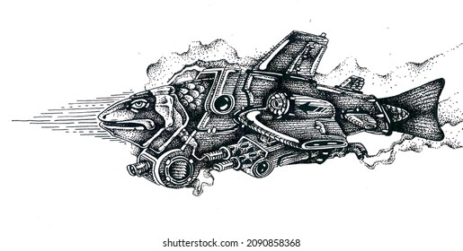 Flying Fish Sketch Scanned Drawing Materials Stock Illustration 2090858368