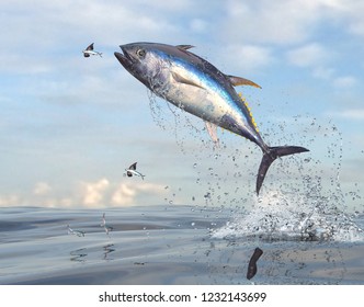 Flying Fishes Running Away From Yellow Tail Tuna Fish 3d Render