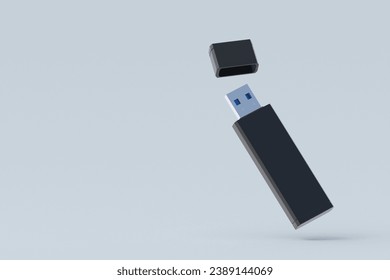 Flying flash drive, usb memory stick with cap. Electronic access key. Data storage. Copy space. 3d render