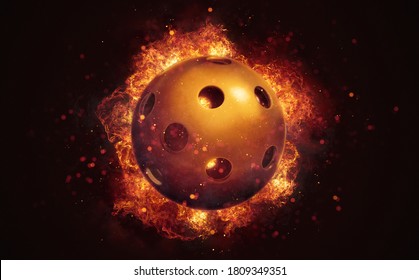 Flying florball ball in burning flames close up on dark brown background. Classical sport equipment as conceptual 3D illustration.
