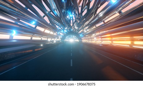 Flying in a futuristic fiber optic tunnel with a road. Future technologies concept. Business background. Pleasant natural lighting. 3d illustration