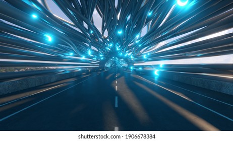 Flying in a futuristic fiber optic tunnel with a road. Future technologies concept. Business background. Pleasant natural lighting. 3d illustration