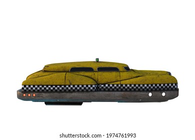 Flying Futuristic Sci-fi Cyberpunk Yellow Taxi Cab. Side View, 3D Illustration Isolated On A White Background.