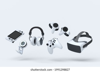 Flying Gamer Gears Like Controller, VR Glasses, Web Camera, Headphones And Joystick On White Table Background. 3d Rendering Of Accessories For Live Streaming Concept