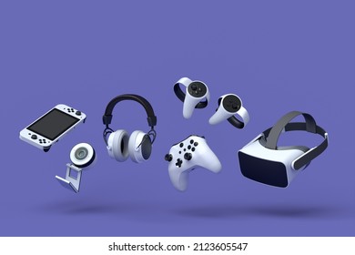 Flying Gamer Gears Like Controller, VR Glasses, Web Camera, Headphones And Joystick On Purple Table Background. 3d Rendering Of Accessories For Live Streaming Concept