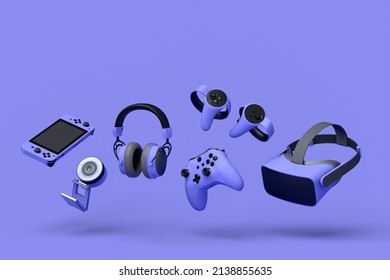 Flying gamer gears like controller, VR glasses, web camera, headphones and joystick on purple table background. 3d rendering of accessories for live streaming concept