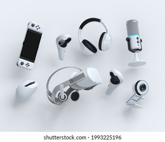 Flying gamer gears like keyboard, joystick, headphones, VR glasses, microphone on white table background. 3d rendering of accessories for live streaming concept