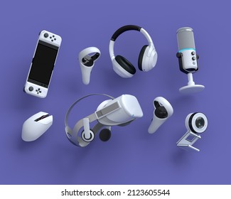 Flying gamer gears like keyboard, joystick, headphones, VR glasses, microphone on purple table background. 3d rendering of accessories for live streaming concept