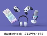 Flying gamer gears like mouse, keyboard, joystick, headset, VR Headset. microphone on purple table background. 3d rendering of accessories for live streaming concept top view