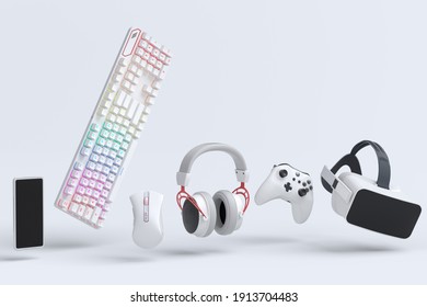 Flying Gamer Gears Like Mouse, Keyboard, Joystick, Headset, VR Headset On White Table Background. 3d Rendering Of Accessories For Live Streaming Concept Top View