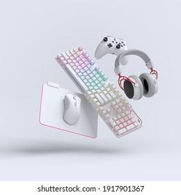 Flying Gamer Gears Like Mouse, Keyboard, Joystick, Headset, VR Headset On White Table Background. 3d Rendering Of Accessories For Live Streaming Concept Top View