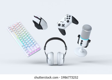 Flying gamer gears like mouse, keyboard, joystick, headset, VR Headset. microphone on white table background. 3d rendering of accessories for live streaming concept top view