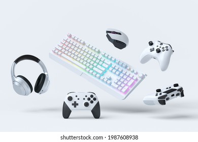 Flying Gamer Gears Like Mouse, Keyboard, Joystick, Headset, VR Headset On White Table Background. 3d Rendering Of Accessories For Live Streaming Concept Top View