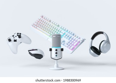 Flying Gamer Gears Like Mouse, Keyboard, Joystick, Headset, VR Headset. Microphone On White Table Background. 3d Rendering Of Accessories For Live Streaming Concept Top View