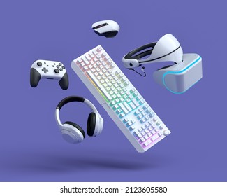 Flying gamer gears like mouse, keyboard, joystick, headset, VR Headset on purple table background. 3d rendering of accessories for live streaming concept - Powered by Shutterstock