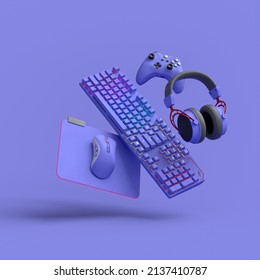 Flying gamer gears like mouse, keyboard, joystick, headset, VR Headset on purple table background. 3d rendering of accessories for live streaming concept top view