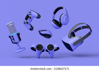 Flying gamer gears like mouse, keyboard, joystick, headset, VR Headset. microphone on purple table background. 3d rendering of accessories for live streaming concept top view