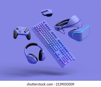 Flying gamer gears like mouse, keyboard, joystick, headset, VR Headset on purple table background. 3d rendering of accessories for live streaming concept