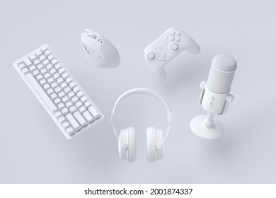 Flying Gamer Monochrome Gears Like Mouse, Keyboard, Joystick, Headset, VR Headset. Microphone On White Table Background. 3d Rendering Of Accessories For Live Streaming Concept Top View