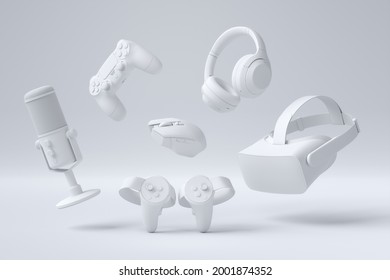 Flying gamer monochrome gears like mouse, keyboard, joystick, headset, VR Headset. microphone on white table background. 3d rendering of accessories for live streaming concept top view