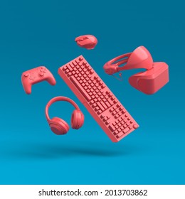 Flying gamer monochrome gears like keyboard, joystick, headphones, VR glasses, microphone on blue and pink table background. 3d rendering of accessories for live streaming concept