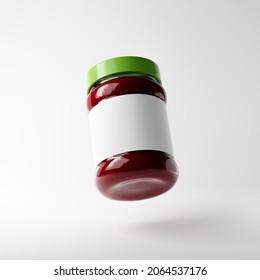 Flying Glass Jar Of Strawberry Jam With Blank Label Isolated Over White Background. Mockup Template. 3d Rendering.