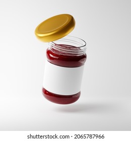 Flying Glass Jar Of Strawberry Jam With An Open Lid And Blank Label Isolated Over White Background. Mockup Template. 3d Rendering.