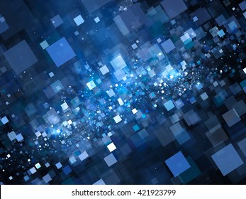 Flying Glowing Blue Squares In Space, Big Data, Computer Generated Abstract Background