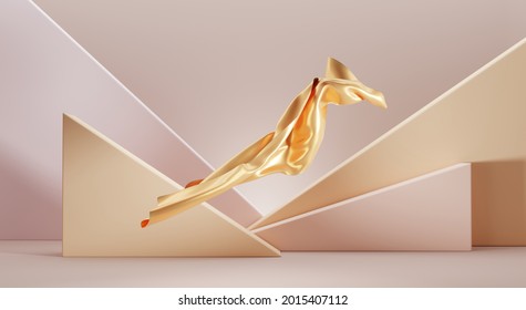 Flying golden silk fabric on background abstract geometric pastel wall. Billowing shiny satin cloth or curtain in blowing wind for award ceremony or display product luxury. Realistic 3d illustration