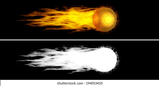 Flying Golden Soccer Ball With Fiery Tail. Alpha Channel Is Included 