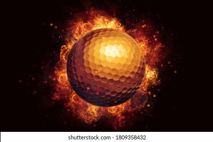 Flying golf ball in burning flames close up on dark brown background. Classical sport equipment as conceptual 3D illustration.