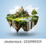Flying green forest land with trees, green grass, mountains, blue water and waterfalls isolated with clouds. Floating island with greenery and beautiful landscape scenery. 