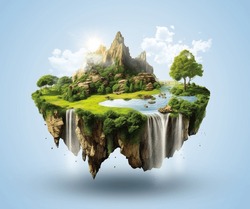 Flying Green Forest Land With Trees, Green Grass, Mountains, Blue Water And Waterfalls Isolated With Clouds. Floating Island With Greenery And Beautiful Landscape Scenery. 