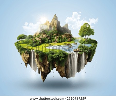 Flying green forest land with trees, green grass, mountains, blue water and waterfalls isolated with clouds. Floating island with greenery and beautiful landscape scenery.  Сток-фото © 