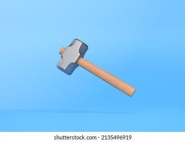 Flying hammer on blue background with copy space. Anvil hammer. Hammer tool. Creative minimal concept. 3d rendering 3d illustration