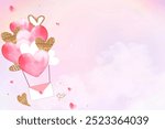 Flying hearts, watercolor background design with copy space. Watercolor pink sky with heart balloons flying. Love background wallpaper, pink heart balloons on pink sky. Cute love pink heart wallpaper