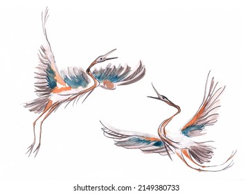 Flying herons blue and orange watercolor illustration