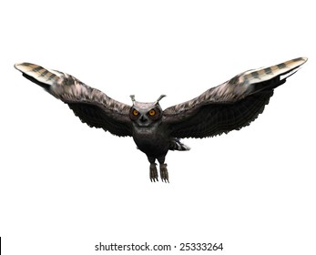 A Flying Horned Owl Isolated On White.