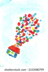 Flying house in the sky on balloons. Children's drawing in watercolor. Imagination image. Dream on paper.