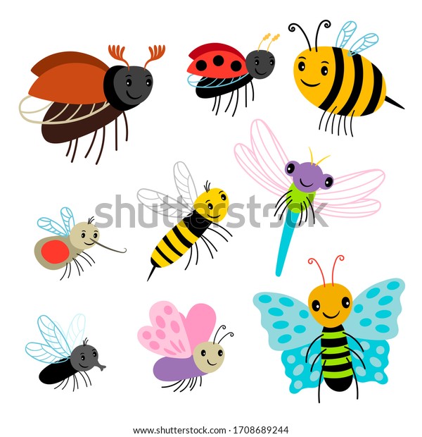 白い背景に飛ぶ昆虫コレクション 漫画の蜂 蝶 レディーバグ トンボ 昆虫のハエ トンボ ハチのイラスト のイラスト素材