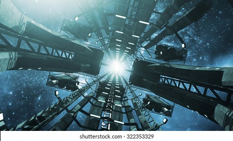 Flying Into An Impressive Space Station. 3D Rendering