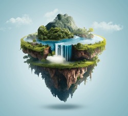 Flying Land With Beautiful Landscape, Green Grass And Waterfalls Mountains. 3d Illustration Of Floating Forest Island Isolated With Clouds. 