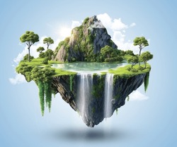 Flying Land With Beautiful Landscape, Green Grass And Waterfalls, Mountains, Lake. 3d Illustration Of Floating Forest Island Isolated With Clouds. Fantasy Island With Greenery And River With Waterfall